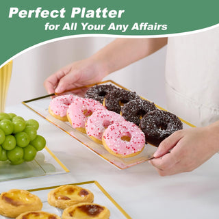 12-Pack White & Gold Disposable Serving Trays - 13x9 Inch Plastic Platters For Parties, Appetizers, Desserts