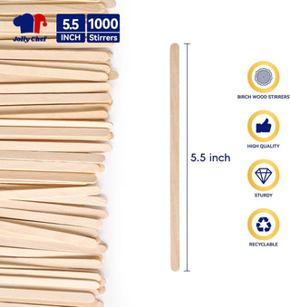 A stack of wooden stirrers is shown on the left, with a single 5.5-inch stirrer displayed vertically in the center. On the right, icons and text highlight features: birch wood, high quality, sturdy, and recyclable. The top left corner also indicates "5.5 inch, 1000 stirrers" by Jolly Chef.
