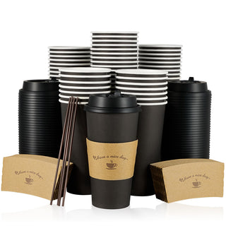 Multiple Size Black Paper Coffee Cups With Black Lids & Sleeves & Stirring Sticks - Office & Party - LITOPAK - JOLLYCHEF