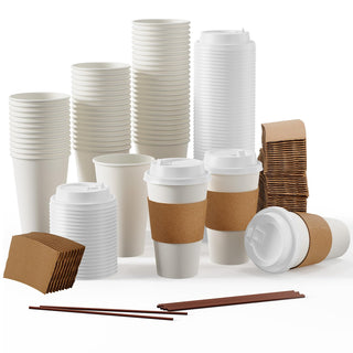 Multiple Size White Paper Coffee Cups with Lids & Sleeves & Straws - Hot/Cold Drinking & Office - Jolly Party - JOLLYCHEF