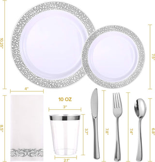 Elegant disposable dinnerware set: plates, cutlery, napkin, and cup with silver accents.