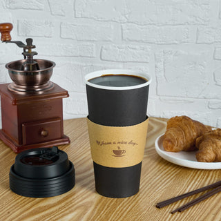 Multiple Size Black Paper Coffee Cups With Black Lids & Sleeves & Stirring Sticks - Office & Party - LITOPAK - JOLLYCHEF