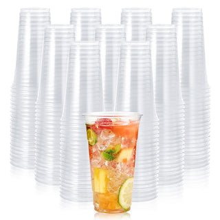 Bulk crystal clear PET plastic cups for cold drinks, juice, iced coffee.