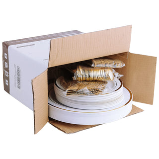 Open box with white and gold plastic party plates and gold plastic cutlery.
