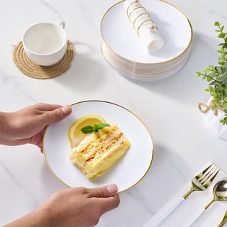 7in / 10.25in White Elegant & Food - Grade Plastic Plates with Gold Rim - Weddings & Birthday Parties - FOCUSLINE - JOLLYCHEF