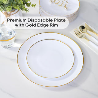 7in / 10.25in White Elegant & Food - Grade Plastic Plates with Gold Rim - Weddings & Birthday Parties - FOCUSLINE - JOLLYCHEF