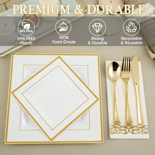 Elegant white and gold plastic plates and cutlery, labeled "Premium & Durable" and "100% Food Grade.