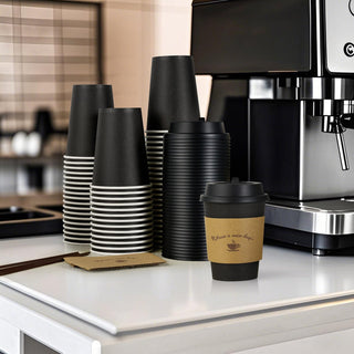 Multiple Size Black Paper Coffee Cups With Black Lids & Sleeves & Stirring Sticks - Office & Party - LITOPAK - JOLLYCHEF