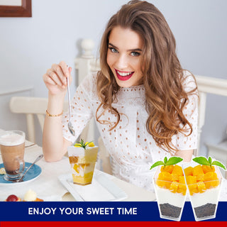 A woman in a white dotted top holds a spoon, seated at a table with a Jolly Chef layered dessert cup and a drink, accompanied by the text ENJOY YOUR SWEET TIME and images of mango-topped dessert cups.