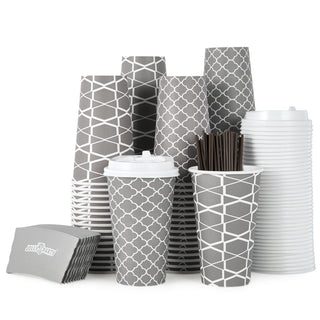 Multiple Size Gray Paper Coffee Cups with Lids & Sleeves & Straws - To Go Cups & Home - Jolly Party - JOLLYCHEF