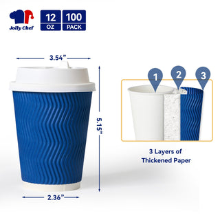 12oz/ 16oz Blue Ripple Wall Paper Coffee Cups with Lids & Stirrers - Hot/Cold Drinking & Office - Jolly Chef - JOLLYCHEF