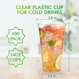 Clear 24oz PET plastic cup with fruit and ice. 600 pack. Dimensions: 3.8" top, 2.3" base, 6.1" height.