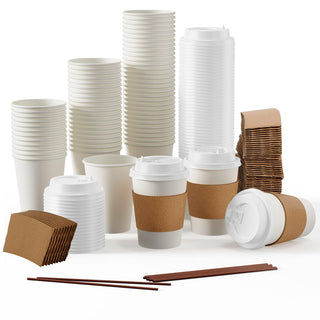 Multiple Size White Paper Coffee Cups with Lids & Sleeves & Straws - Hot/Cold Drinking & Office - Jolly Party - JOLLYCHEF