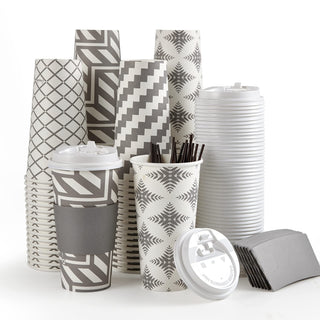 Multiple Size Four Designs Paper Coffee Cups with Lid & Sleeve & Straws - Home & Cafe - LITOPAK - JOLLYCHEF