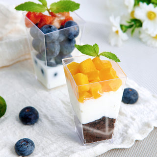 Jolly Chef clear plastic cups filled with layered desserts.