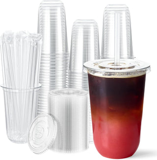 12oz/16oz Bulk Plastic Cups with Lids and Starws | U Shaped Drinkware for Iced Coffee, Smoothies, Lemonade | BPA Free | Cafe Supply
