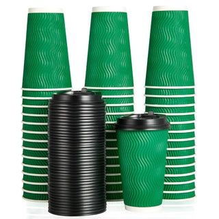 8oz/ 12oz/ 16oz Green Ripple Wall Paper Coffee Cups with Lids and Straw - Hot Drinks & Cafe - DAILYPACK - JOLLYCHEF