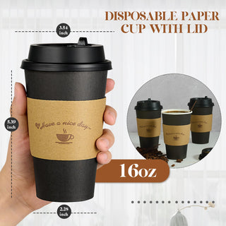 Multiple Size Black Paper Coffee Cups With Black Lids & Sleeves & Stirring Sticks - Office & Party - LITOPAK - JOLLYCHEF