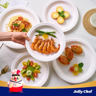 White, 8.37-inch and 10-inch paper plates with various foods like spaghetti, shrimp, chicken wings, and salad.