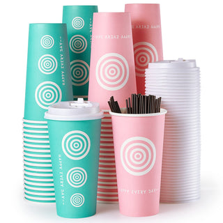 12oz/16oz/20oz Pink & Green Paper Coffee Cups with Lids and Straw - Office & Travel - Jolly Pack - JOLLYCHEF