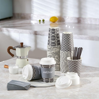 Multiple Size Gray Paper Coffee Cups with Lids & Sleeves & Straws - To Go Cups & Home - Jolly Party - JOLLYCHEF