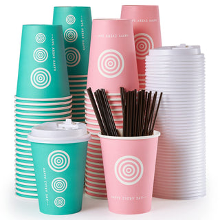 12oz/16oz/20oz Pink & Green Paper Coffee Cups with Lids and Straw - Office & Travel - Jolly Pack - JOLLYCHEF