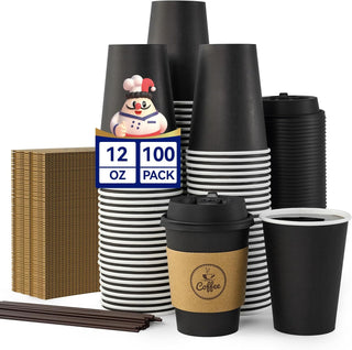 Bulk Black Coffee Cup Sets | Paper to-Go Cups for Coffee, Tea, Hot Chocolate | Food-Grade | Cafe Supply