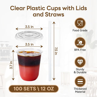 12oz/16oz Bulk Plastic Cups with Lids and Starws | U Shaped Drinkware for Iced Coffee, Smoothies, Lemonade | BPA Free | Cafe Supply