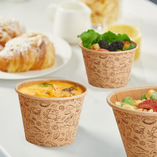 8oz/ 12oz Brown Microwavable Pattern Kraft Paper Soup Containers with Lids - Hot Soup & Storing Food - LITOPAK - JOLLYCHEF