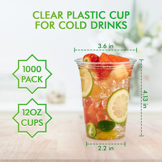 Clear 12oz PET plastic cup filled with iced drink, showing dimensions and '1000 Pack' label.