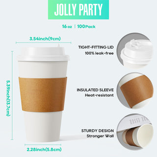 Multiple Size White Paper Coffee Cups with Lids & Sleeves & Straws - Hot/Cold Drinking & Office - Jolly Party - JOLLYCHEF