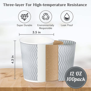 8oz/ 12oz/ 16oz Gray Ripple Wall Paper Coffee Cups with Lids and Straw - Hot Drinks & Cafe - MUCHII - JOLLYCHEF