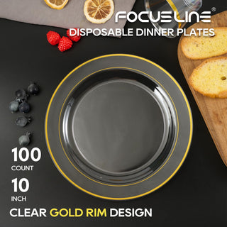 7in /10in Elegant Clear Plastic Plates with Gold Rim - Wedding & Birthday Party - FOCUSLINE - JOLLYCHEF