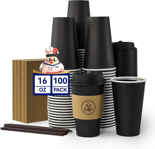 Bulk Black Coffee Cup Sets | Paper to-Go Cups for Coffee, Tea, Hot Chocolate | Food-Grade | Cafe Supply