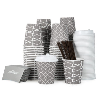 Multiple Size Gray Paper Coffee Cups with Lids & Sleeves & Straws - To Go Cups & Home - Jolly Party - JOLLYCHEF