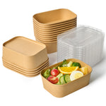 Rectangular kraft paper food containers with clear PET lids, one filled with salad, for restaurant takeout and meal prep.