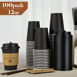 Multiple Size Black Paper Coffee Cups With Black Lids & Sleeves & Stirring Sticks - Office & Party - LITOPAK - JOLLYCHEF