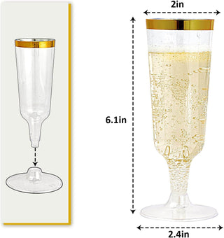 Jolly Chef 5oz Clear Gold Rim Easy Grip Champagne, measuring 6.1 inches tall and 2.4 inches wide, filled with bubbly drink.