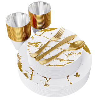 White and Gold Plastic Disposable Dinnerware Sets - Birthday & Wedding - Vplus - JOLLYCHEF