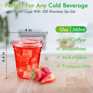 Multiple Sizes Clear PET Plastic Cups with Strawless Sip Lids - Iced Coffee & Smoothie - Lilymicky - JOLLYCHEF