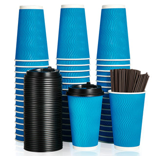 8oz/ 12oz/ 16oz Blue Ripple Wall Paper Coffee Cups with Lids and Straw - Hot Drinks & Cafe - DAILYPACK - JOLLYCHEF