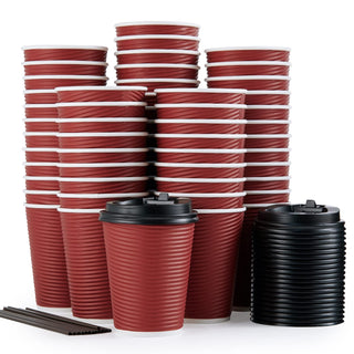 12oz Red Ripple Wall Paper Coffee Cups with Lids and Straw - Hot Drinks & Cafe - LITOPAK - JOLLYCHEF