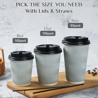 8oz/ 12oz/ 16oz Gray Ripple Wall Paper Coffee Cups with Lids and Straw - Hot Drinks & Cafe - MUCHII - JOLLYCHEF