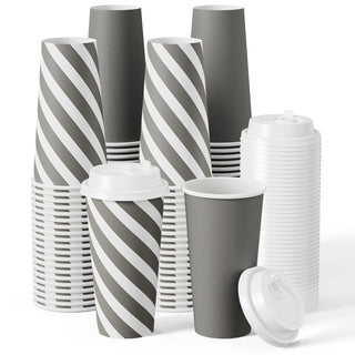 Multiple Size Gray Stripe Paper Coffee Cups With Lids - Office & Cafe - Jolly Chef - JOLLYCHEF
