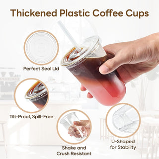 12oz/16oz Bulk Plastic Cups with Lids and Starws | U Shaped Drinkware for Iced Coffee, Smoothies, Lemonade | BPA Free | Cafe Supply