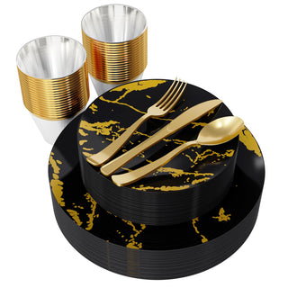 Black and Gold Plastic Disposable Dinnerware Sets - Halloween & Festival -Vplus