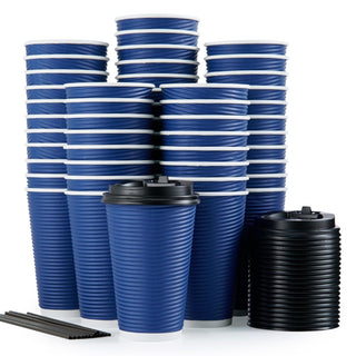 12oz Blue Ripple Wall Paper Coffee Cups with Lids and Straw - Hot Drinks & Cafe - LITOPAK - JOLLYCHEF