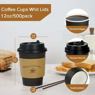 Multiple Size Black Paper Coffee Cups With Black Lids & Sleeves & Stirring Sticks - Office & Party - LITOPAK - JOLLYCHEF