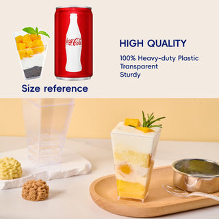 Jolly Chef high-quality 100% heavy-duty transparent plastic cups, including size references (Coca-Cola can and dessert cup).