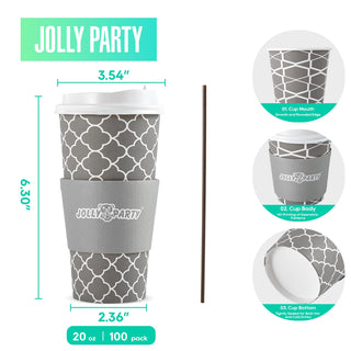 Multiple Size Gray Paper Coffee Cups with Lids & Sleeves & Straws - To Go Cups & Home - Jolly Party - JOLLYCHEF